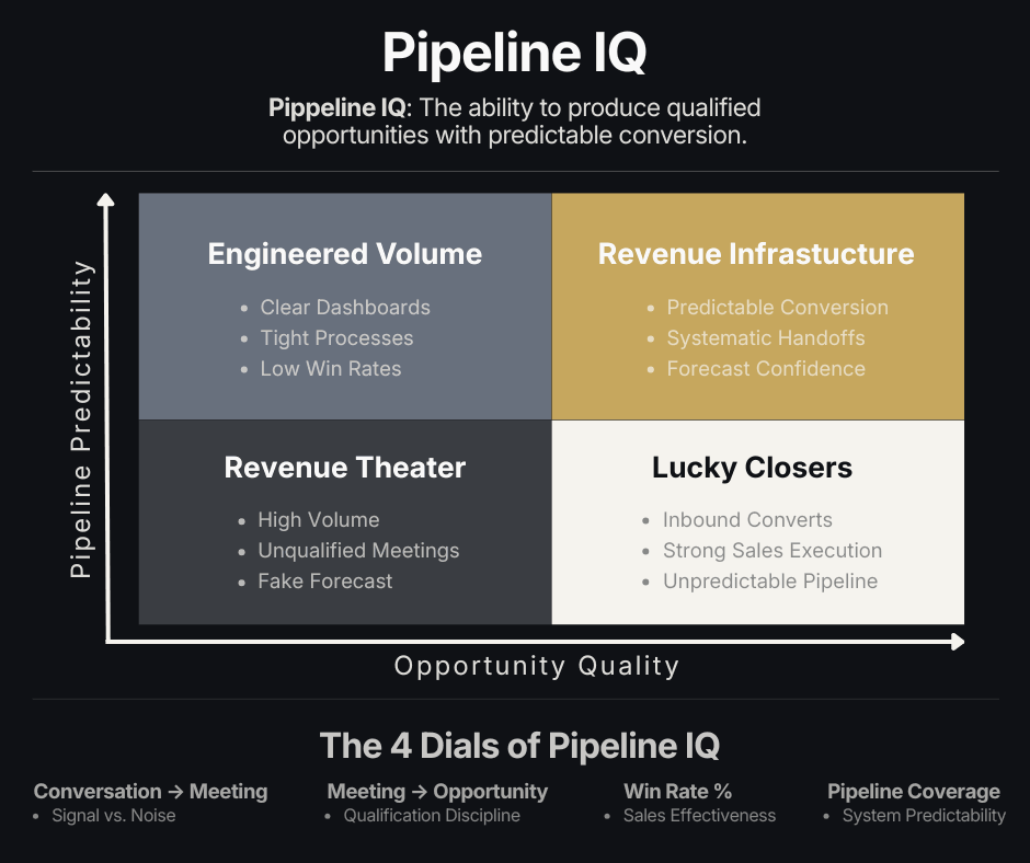 Pipeline IQ framework: opportunity quality versus pipeline predictability, four quadrants, only Revenue Infrastructure holds
